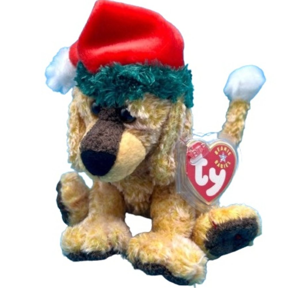 Jinglepup TY Beanie Baby Brown Dog Green Hat White Tail Holiday NEW